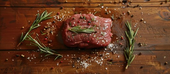 Uncooked meat. Uncooked beef steak placed on a chopping board alongside rosemary and seasonings.