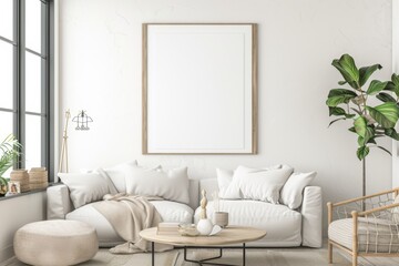 Scandinavian style living room with poster mockup created with generative ai