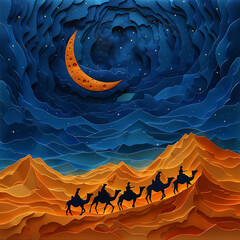 Long line of camels with person at sunset sky in the middle of Sahara desert with paper cut style. Islamic New Year and Eid Al-Adha theme 