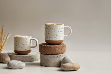 A minimalist product photo featuring two white and brown mugs filled with latte on a light grey background. The composition is arranged using decorative stone stands on which the mugs are placed. - 788878209