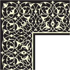 Vector illustration for ornamental design pattern on frame corner border, traditional Islamic design, black color background, suitable for calligraphy, invitation card, frame decoration