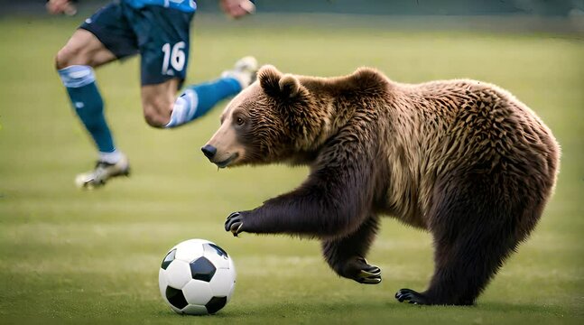 tame Russian bear playing football
