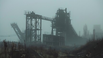 Defocused As the focus shifts to the background the murky haze of a deserted coal mine engulfs the view. The dim shapes of dilapidated machinery and forgotten structures create a sense . - obrazy, fototapety, plakaty