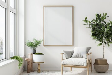 Scandinavian style living room with poster mockup created with generative ai