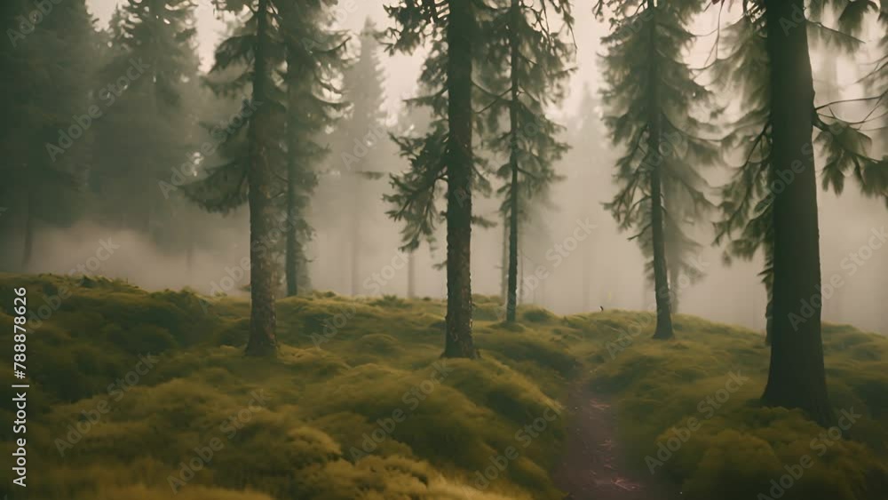 Poster misty forest with dense trees generative ai