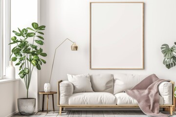Scandinavian style living room with poster mockup created with generative ai