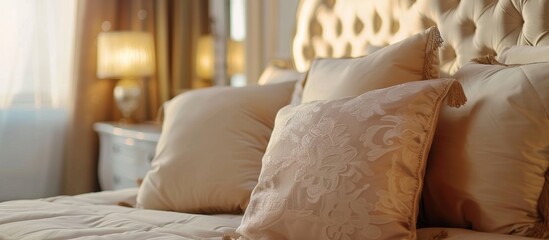 Naklejka premium The room is filled with a multitude of soft pillows arranged neatly on the bed, creating a cozy and inviting atmosphere