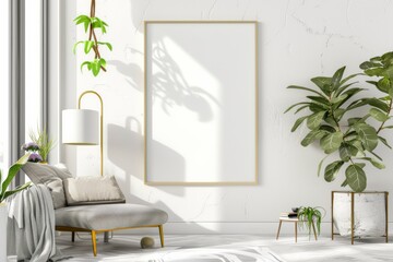 Scandinavian style living room with poster mockup created with generative ai