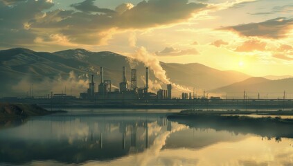 Tranquil Sunset at Oil Production Facility with Mountainous Backdrop