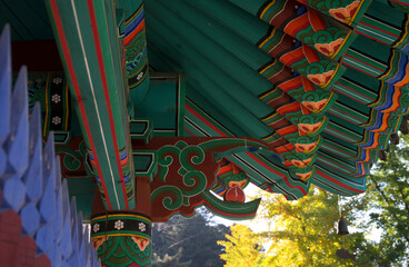 View of the wooden eaves in the Buddhist temple building