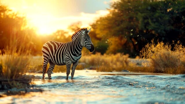 Savanna Symphony: Harmonious Zebras by the Riverside. Seamless looping time-lapse virtual 4k video animation background
