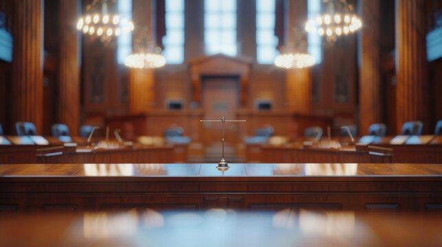 Defocused Courtroom Panorama The blurred backdrop of a stately courtroom creating an air of formality and setting the stage for justice. .