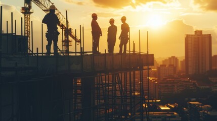 Fototapeta premium A group of construction workers are standing on a scaffold overlooking a city.