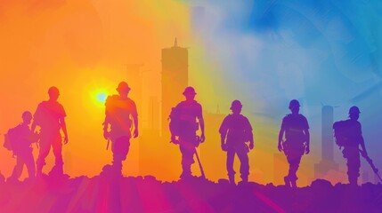 A group of construction workers are standing on a hill, with a city in the background.