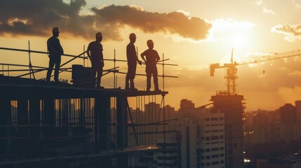 A group of construction workers are standing on a scaffold overlooking a city.