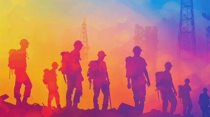 A group of construction workers are standing on a hill, with a city in the background.