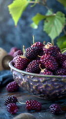 Beautiful presentation of Mulberries, hyperrealistic food photography