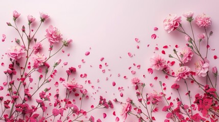 Pink flowers and petals on a pink background