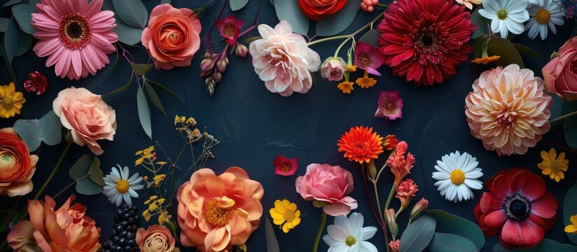 Artistic arrangement consisting of different types of flowers. Bouquet displayed in a flat lay style. Symbolizing affection and care.