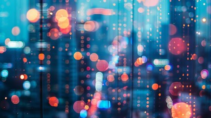 A hazy cityscape and glowing neon signs create a modern and dynamic defocused background for the digital learning platform interface representing the integration of technology into .