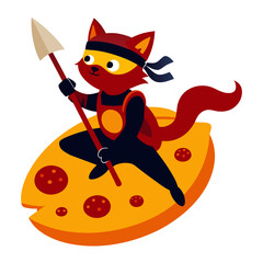 A ninja cat riding a flying pizza slice, wielding a spatula as a weapon