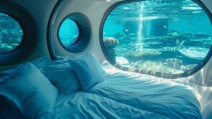 Feel the gentle vibrations of the oceans current as you relax in your underwater sleeping pod. 2d flat cartoon. - obrazy, fototapety, plakaty