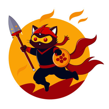 A ninja cat riding a flying pizza slice, wielding a spatula as a weapon