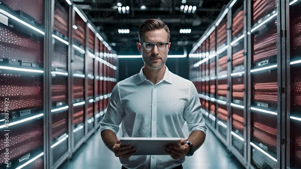 Poster man holding tablet in server room generative ai