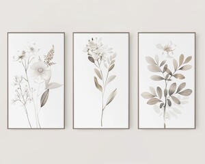 Three prints of white and gray flowers with leaves hanging on the wall.