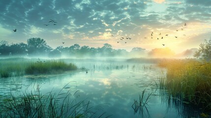 Sunrise Over Wetland Ecosystem for World Environment Day: Biodiversity and Sustainability Theme
