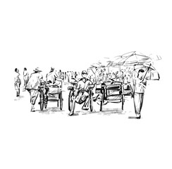 Drawing of the rickshaw at local market in Myanmar