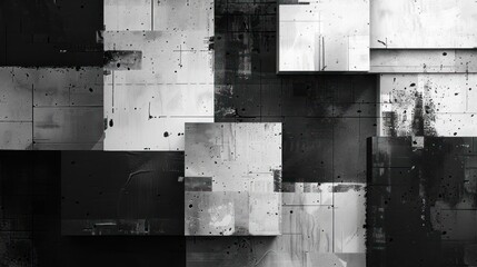 a black and white abstract painting with a variety of geometric shapes