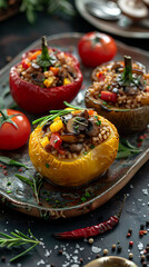 Beautiful presentation of Mushroom Risotto Stuffed Peppers, hyperrealistic food photography