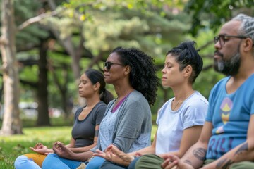 Diverse Adults in Mindful Meditation for Anxiety Awareness in Tranquil Park