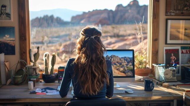 Energetic Female Sports Professional Working on Combat Event at Desert-View Desk - Powered by Adobe