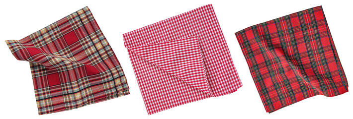 Set of red checkered cottonitchen napkins, Folded napkins or kitchen towels isolated on white background with clipping path.Banner design - obrazy, fototapety, plakaty