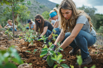 Volunteers Planting Trees in Deforested Area for Habitat Restoration