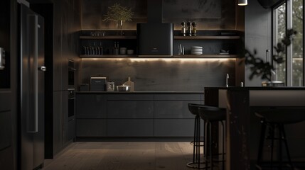 Front view unveils the understated elegance of the dark kitchen, where simplicity meets functionality in every detail.