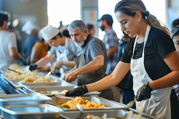Group of volunteers at church conference preparing meals for attendees