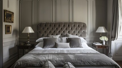 In a classic Parisian apartment a velvet upholstered headboard in a soft grey shade serves as the centerpiece of a chic bedroom. The rich texture of the velvet adds a touch of luxury .