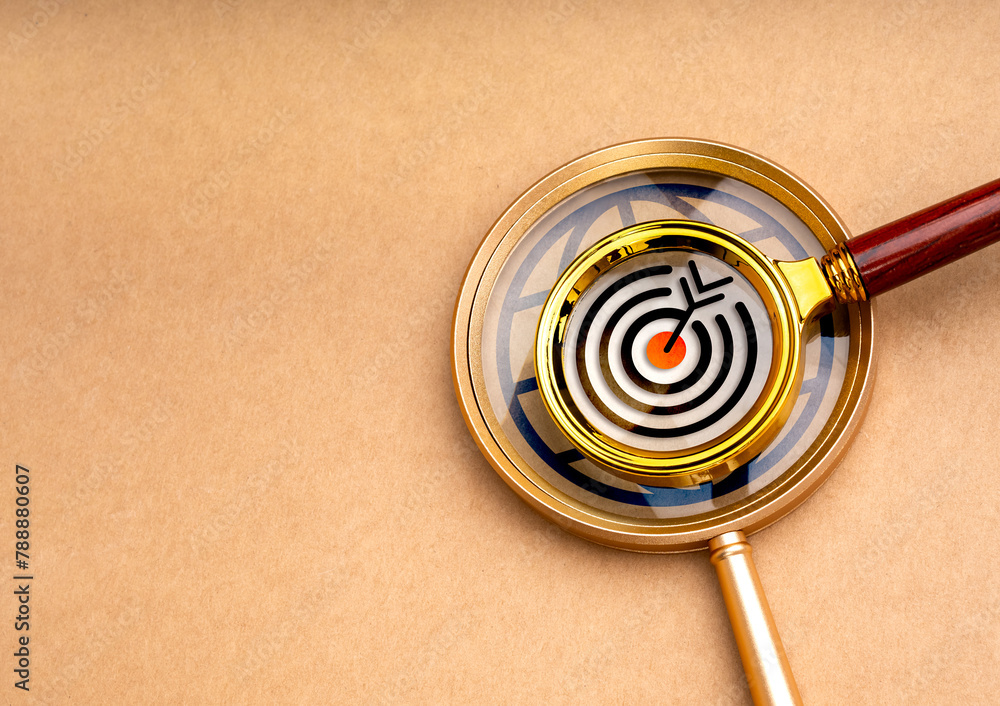 Poster information search, digital data online global searching, research, concepts. target icon on small m