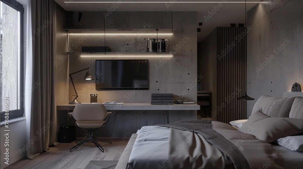 Poster the bedroom features a sleek workspace area complete with a light grey concrete countertop desk. the