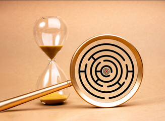 Target dart icon in middle of maze game in magnifying glass lens near hourglass on yellow background. Business solution, planning to overcome obstacles and challenges to reach in success concepts.