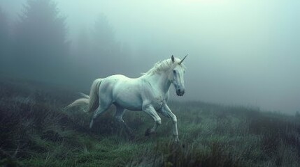Obraz na płótnie Canvas Mystical Foggy Meadow with White Unicorn - Fisheye Lens Capture.