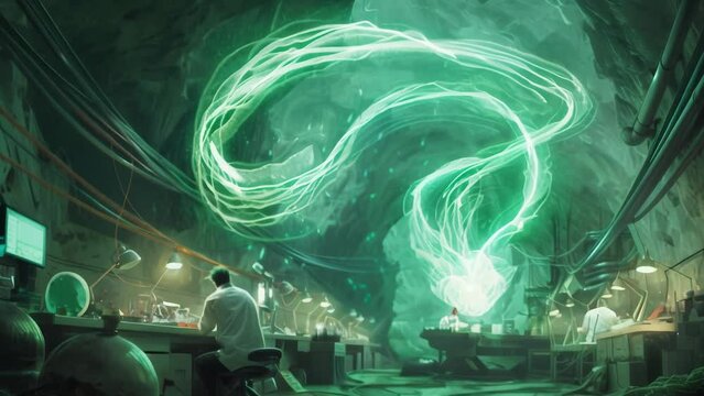 Figure cloaked in black robes sits amidst an alchemist's lab, eerie green smoke swirling all around. Strange apparatus and tomes lie scattered, conjuring an air of mystery. 