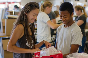 Multiracial Volunteers Preparing Care Packages for Medical Orphans in Community Center