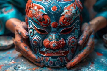 Asian American Artist Painting Traditional Korean Mask for Heritage Month - obrazy, fototapety, plakaty