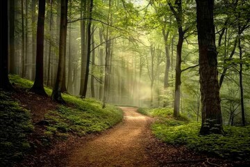 Fototapeta na wymiar Pathway to Serenity: Early Morning Mist in a Tranquil Forest for Anxiety Awareness