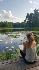 Fototapeta premium Serene Afternoon: Young Caucasian Woman Sketching in Wetland with Blooming Lilies