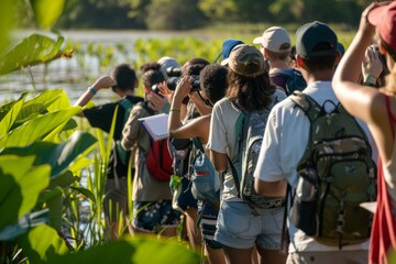 Multiracial Teenagers Bird Watching in Wetlands on an Early Educational Tour